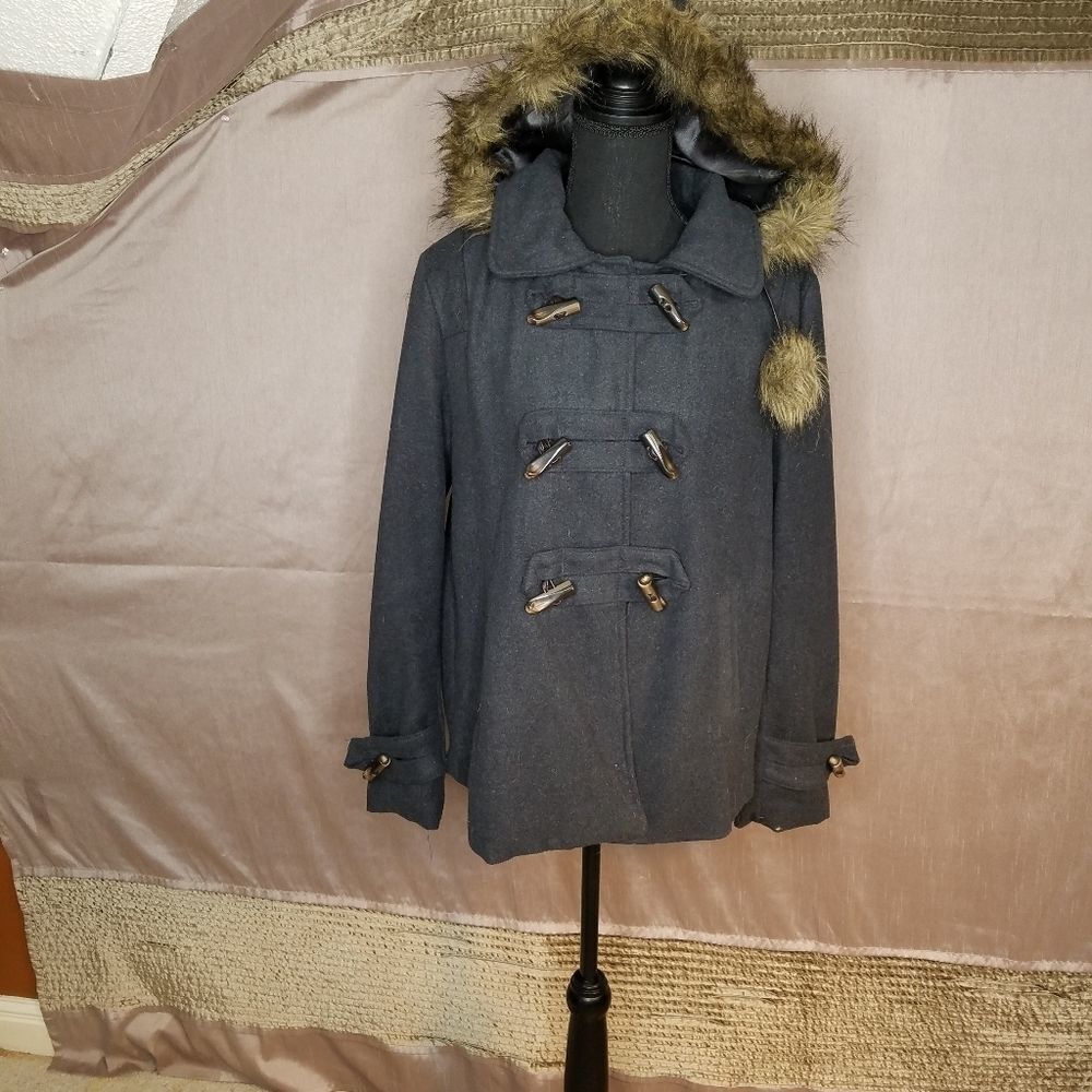 DOLLHOUSE Gray Faux Fur Hooded Pea‎ Coat Medium